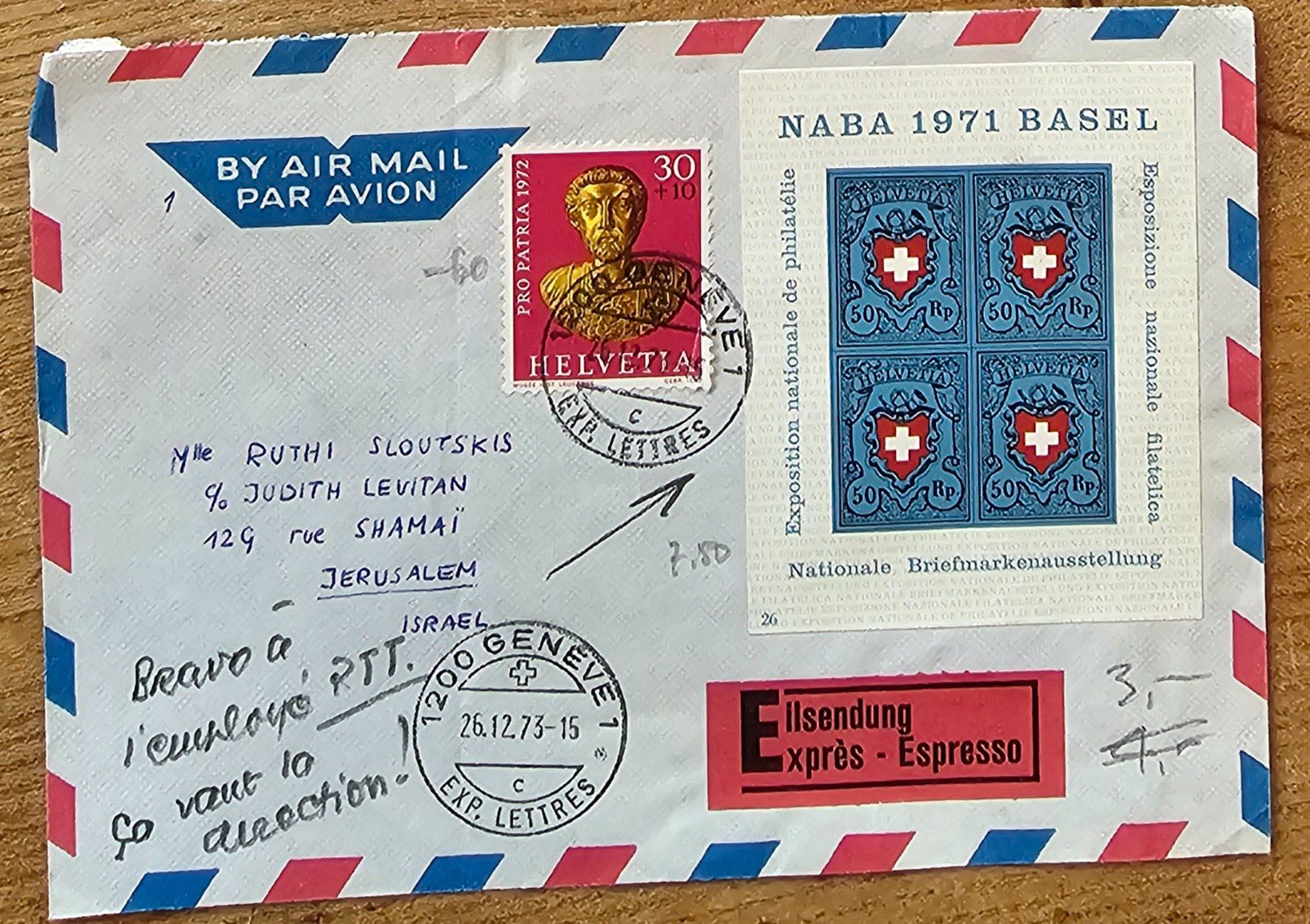 Tous les timbres: Lettre Exprès Genève - Jerusalem, 1973 – D'occasion à Les Valettes par Nuba1