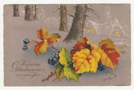 Postkarte 1907: Neujahrskarte Verschneites Haus & Weinlaub