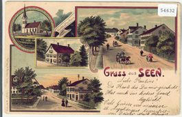 Gruss aus Seen - Kirche, Pfarrhause, Dorfpartie - Litho