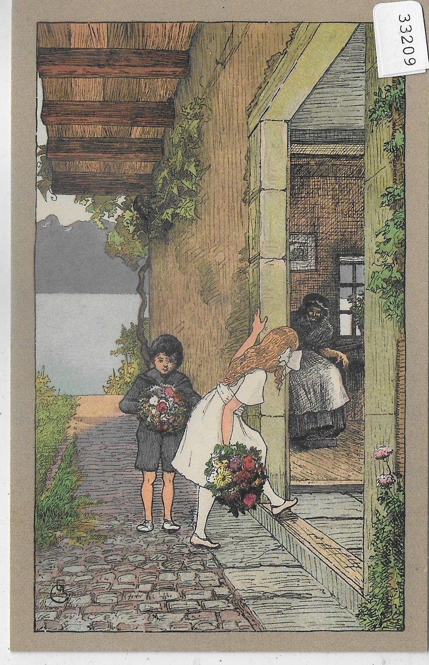 Cartoline postali: Besuch der Grossmutter mit Blumen - Litho – Usato da Ettingen venduto da Kartenplanet