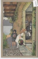 Besuch der Grossmutter mit Blumen - Litho