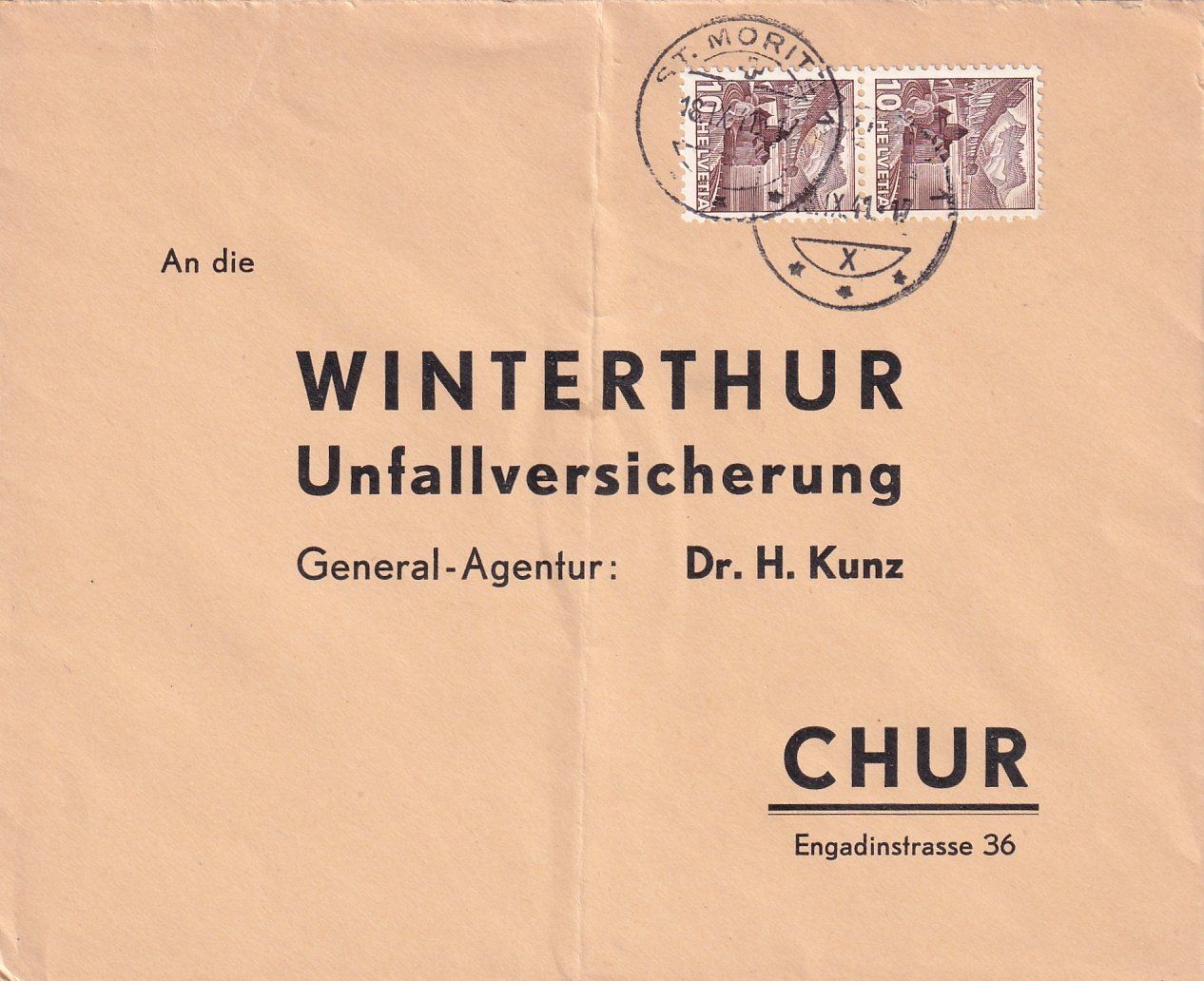 Alle Briefmarken: Winterthur Unfallversicherung St. Moritz - Chur 1941 – Gebraucht aus Baar von Asmara111