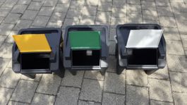 Stapelbare Abfallbehälter mit Deckeln gelb, grün, weiss, sch