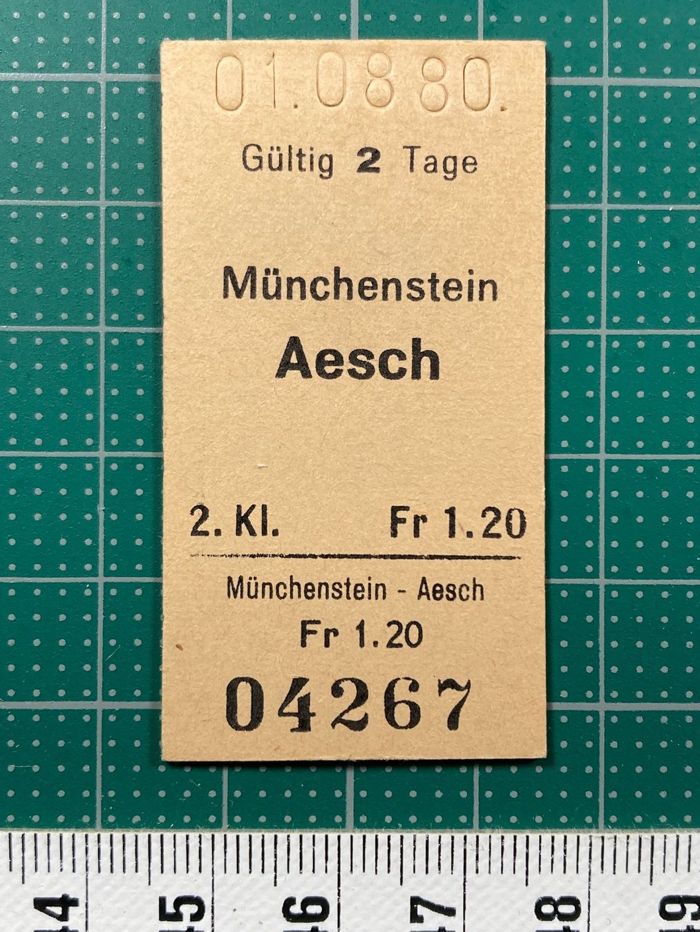 Biglietti: Münchenstein - Aesch, altes SBB Billett, 1. August 1980 – Usato da Lenzburg venduto da fh1