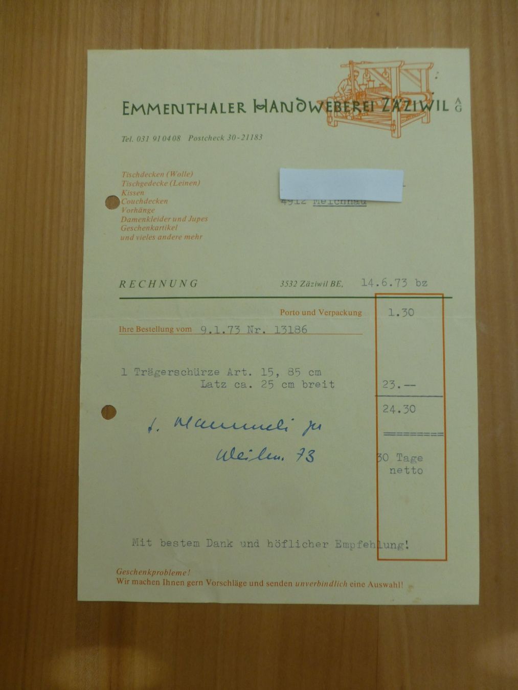 Documenti: Zäziwil, Emmenthaler Handweberei 1973 – Usato da Bettlach venduto da 1saurer