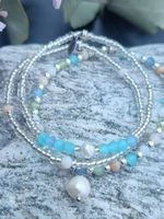 Zartes Dreierarmband mit Morganit Aquamarin & Perlen