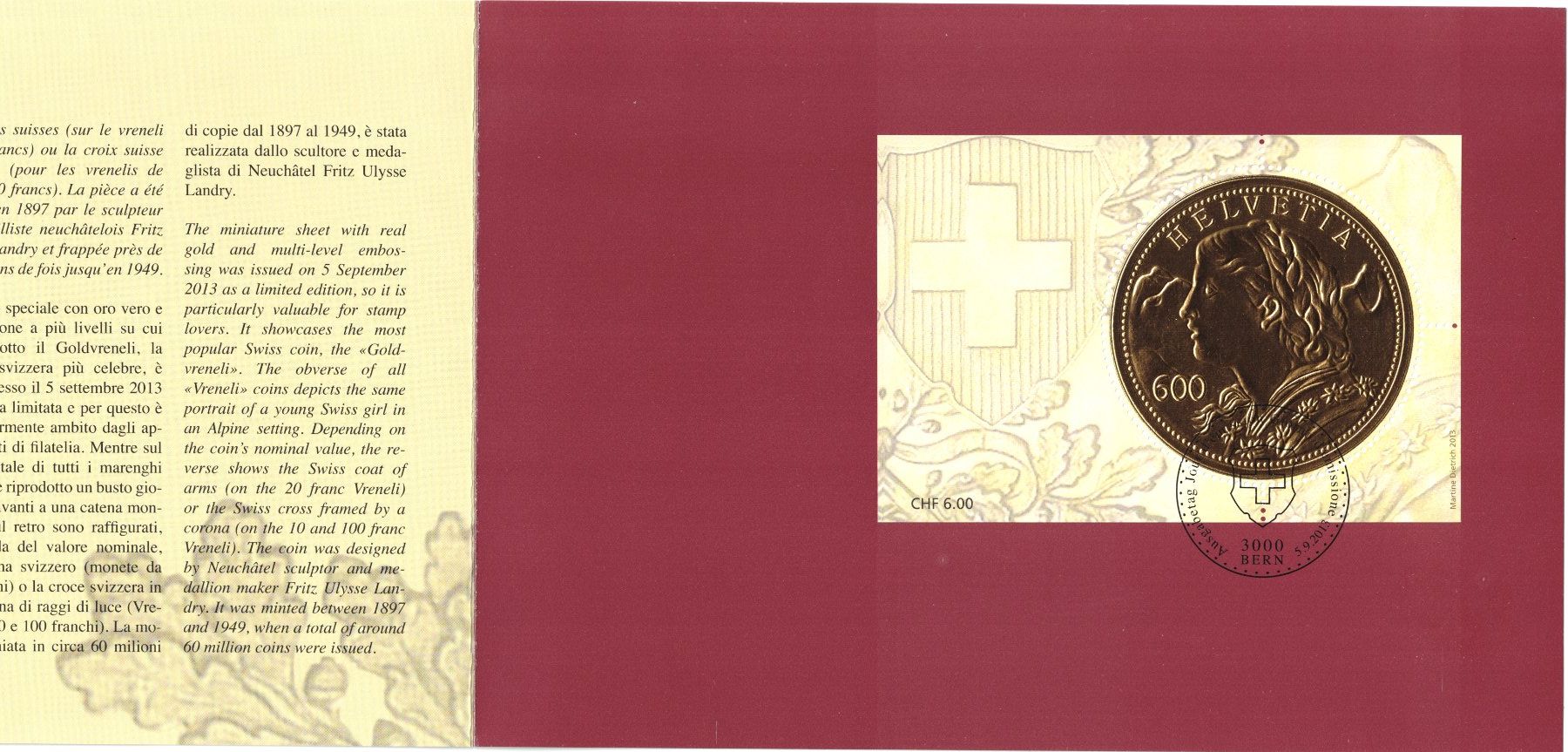 Tutti i francobolli: 2013 Sonderblock Goldvreneli     Dankeskarte – Nuovo (secondo la descrizione) da Mellingen venduto da Ginger 1
