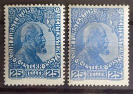 Prince Jean II, 25 h bleu 1915 et outremer 1916, **