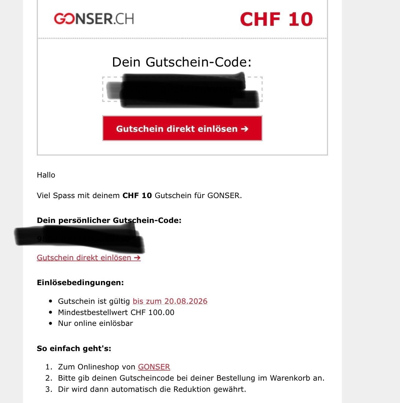 Buoni: GOSNER Rabattcode 10.- – Nuovo e nell'imballaggio originale da Glattpark(Opfikon) venduto da ste_n99y