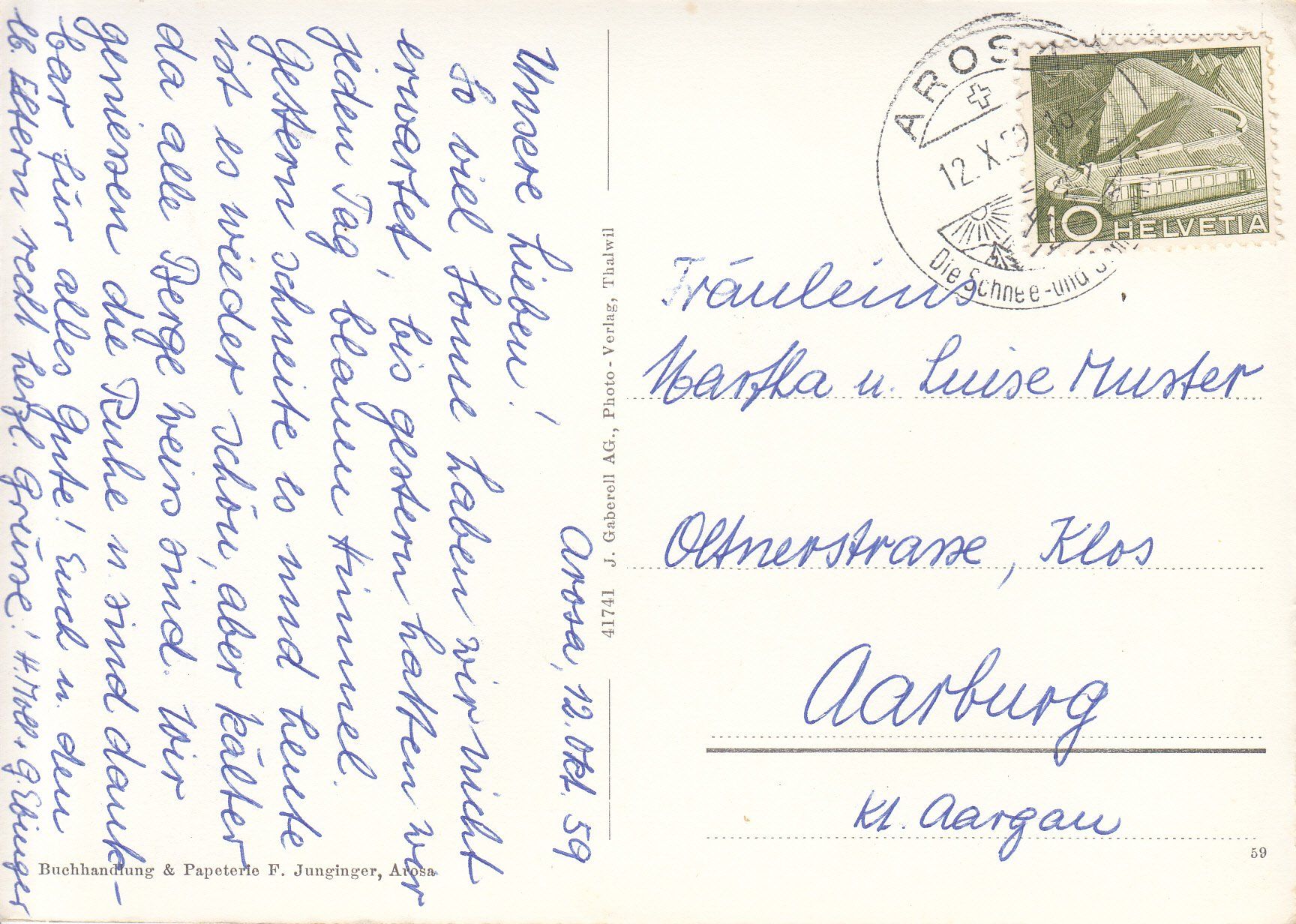 Cartoline postali: Arosa 1959 – Usato da Bürglen TG venduto da StampGraf 1