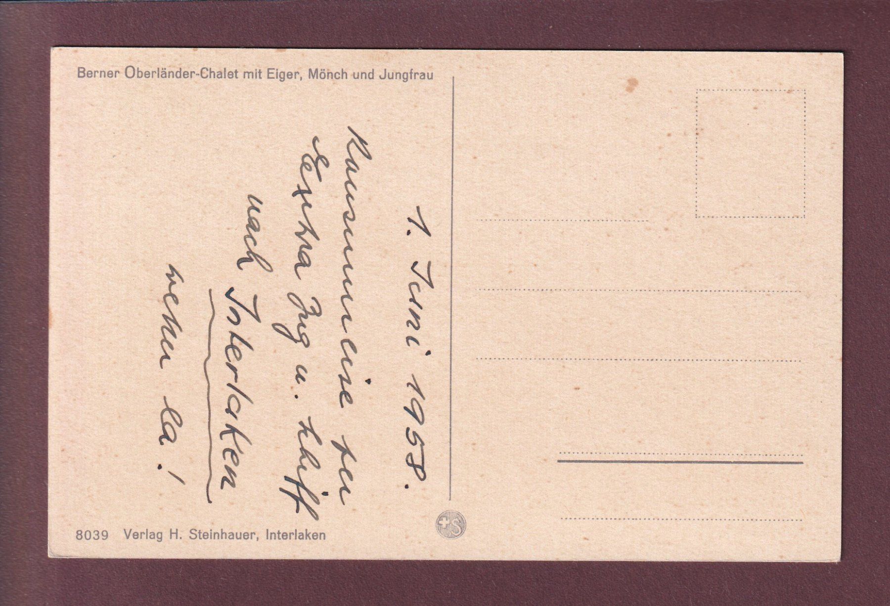Cartoline postali: CHALET - Eiger - Mönch - Jungfrau - 1958 – Usato da Pully venduto da nicecards 1