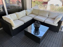 Garten Lounge Set Rattan Optik schwarz mit Tisch Glas