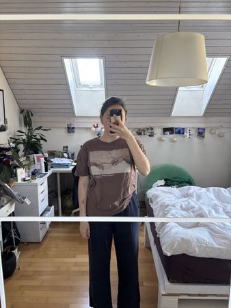 Braunes T-Shirt mit Michelangelo Print, Grösse S