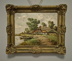 Antike Flusslandschaft mit Fischerhaus, signiert goldgerahmt