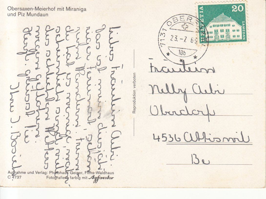 Cartoline postali: Obersaxen-Meierhof 1969 – Usato da Bürglen TG venduto da StampGraf 1