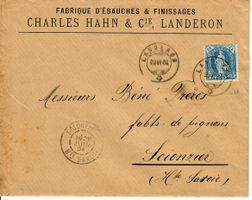Brief, Charles Hahn & Cie, Landeron nach Frankreich 1904