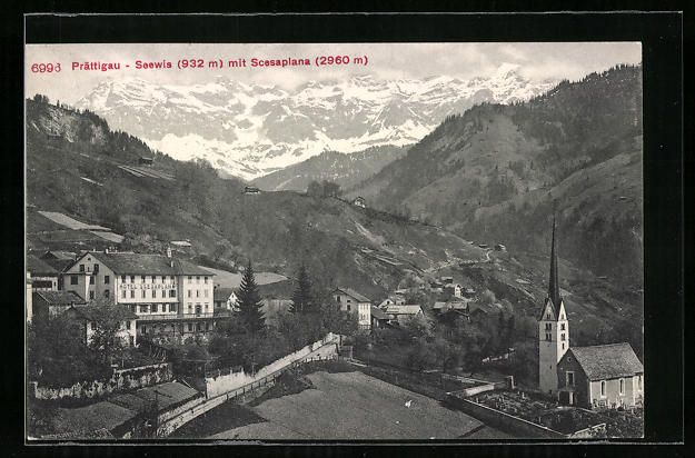 Cartoline postali: Prättigau-Seewis, Panorama mit Kirche u – Usato da Berlin venduto da bartko-reher