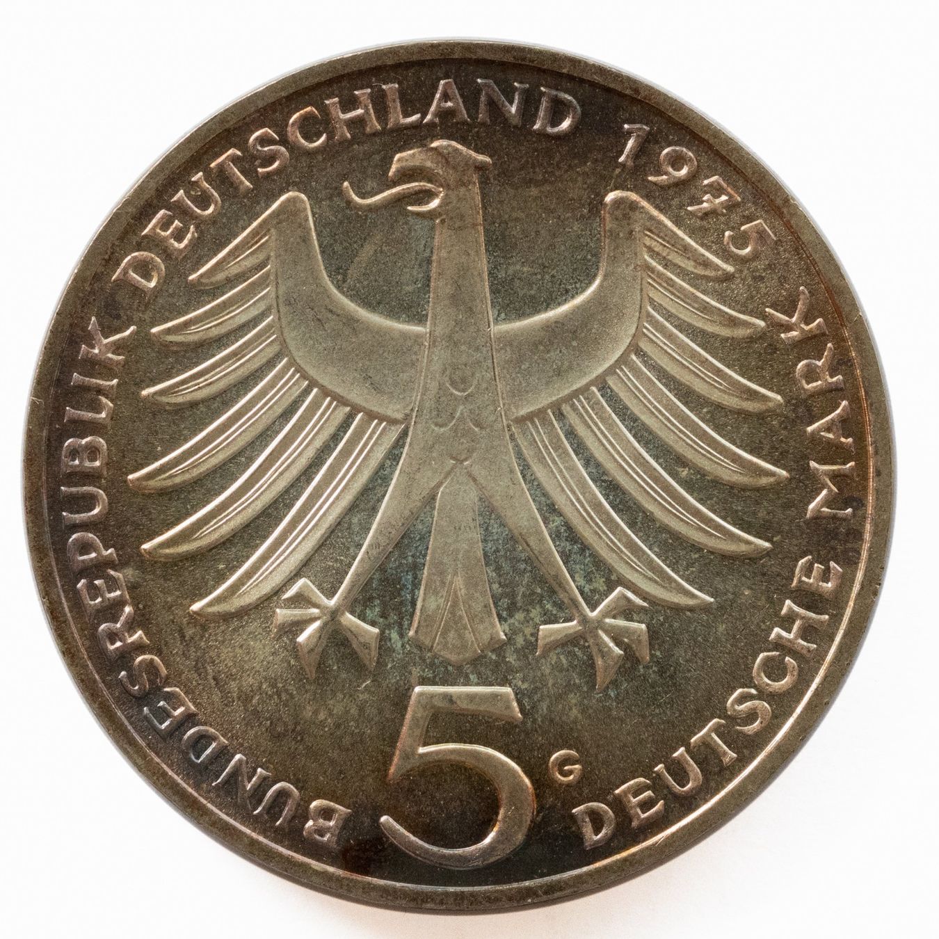 Tutti le monete: Deutschland 5 Mark Albert Schweitzer 1975 Silber – Usato da Rotkreuz venduto da num_6343 1