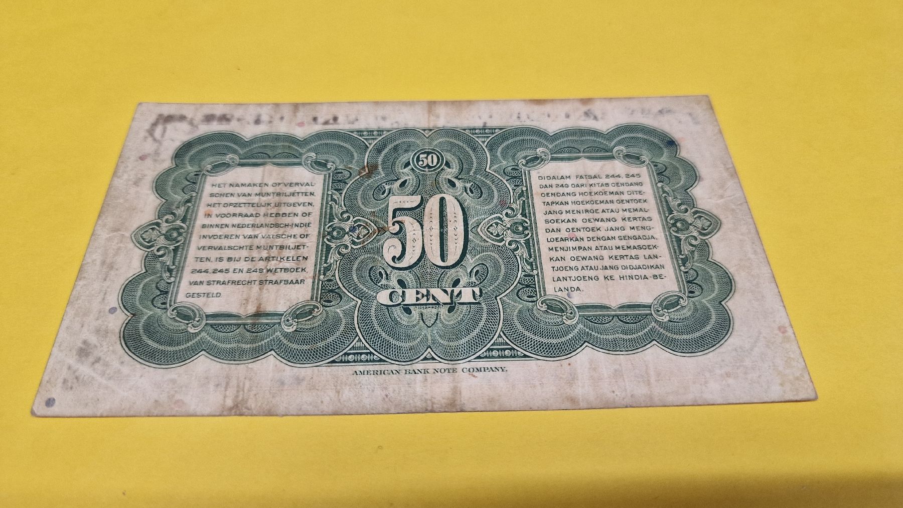 Banconote: 50 Cent Java, Nederlandsch-Indische, Sammlerstück, 1943 – Usato da Herisau venduto da Antiques.AR 1