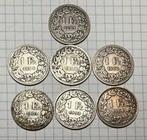 7 Schweizer 1 Franken Silbermünzen 1887-1904