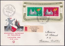 1955, W35 LAUSANNE-Block auf BRIEF gestempelt, SBK: 100.-