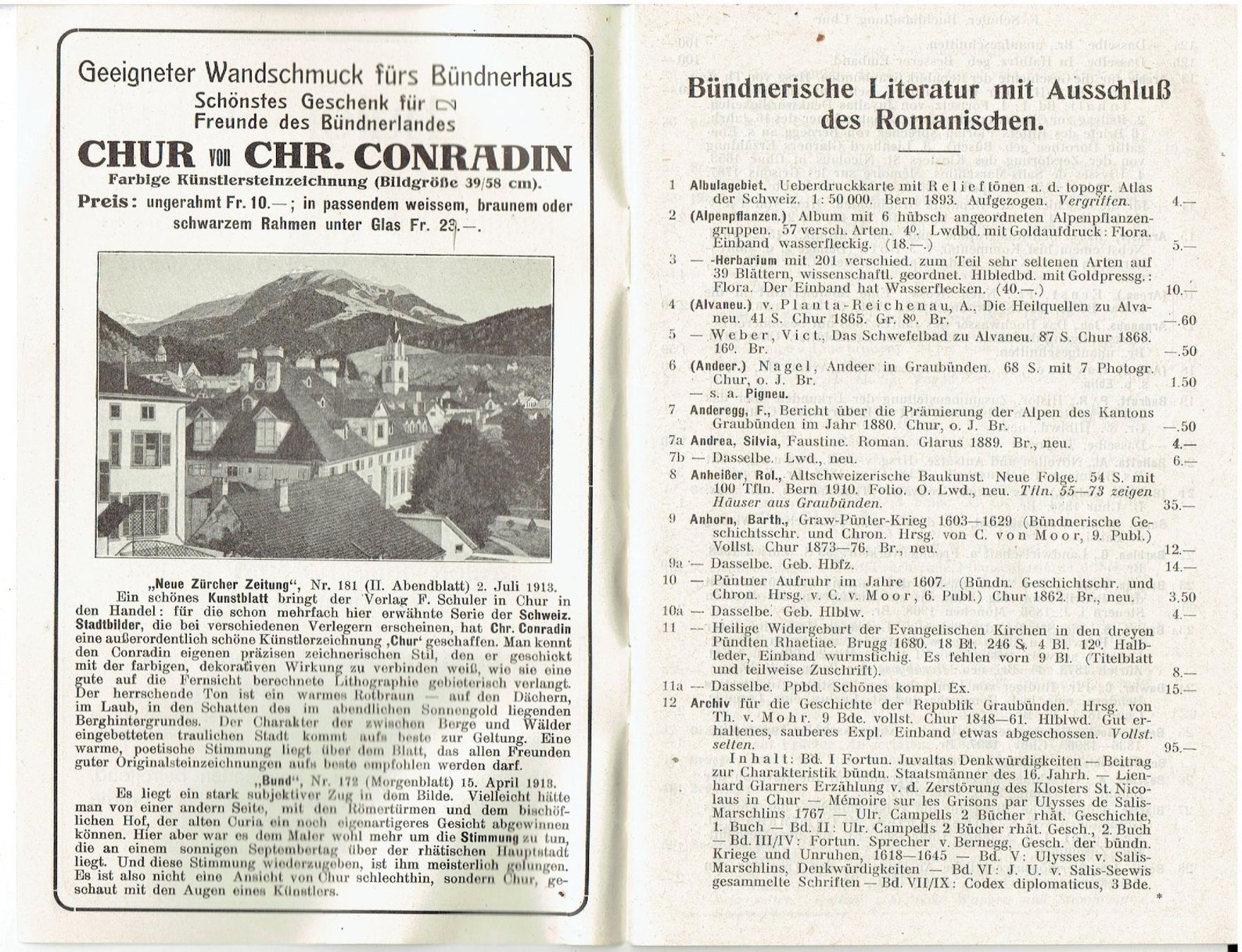 Libri: F. Schuler Chur, Katalog Raetica, 1913 – Usato da Flims - Dorf venduto da Stagediver 1