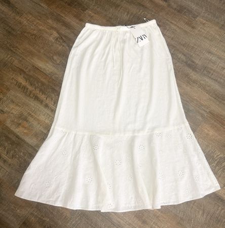 Zara Leinen Maxi Rock weiss mit Lochstickerei Gr.S neu