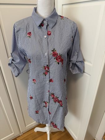 Blusenkleid, blau/weiss gestreift mit Rosenmuster, XL, Neu!