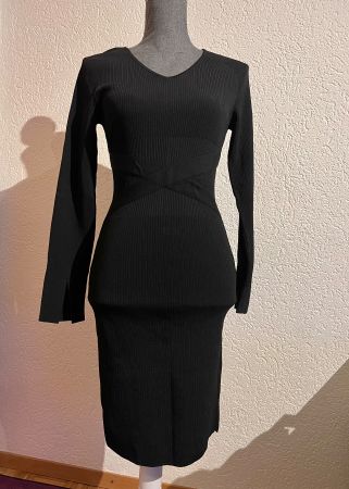 Herbst Winter Frauen Strickkleid Schwarz XS