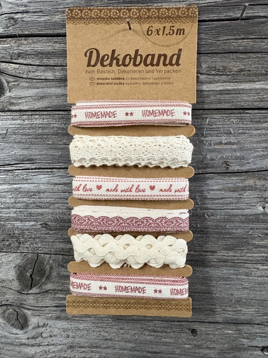 Nastri decorativi: 6 x 1.5cm Dekoband beige/borderaux – Nuovo e nell'imballaggio originale da Kesswil venduto da Nicole220870