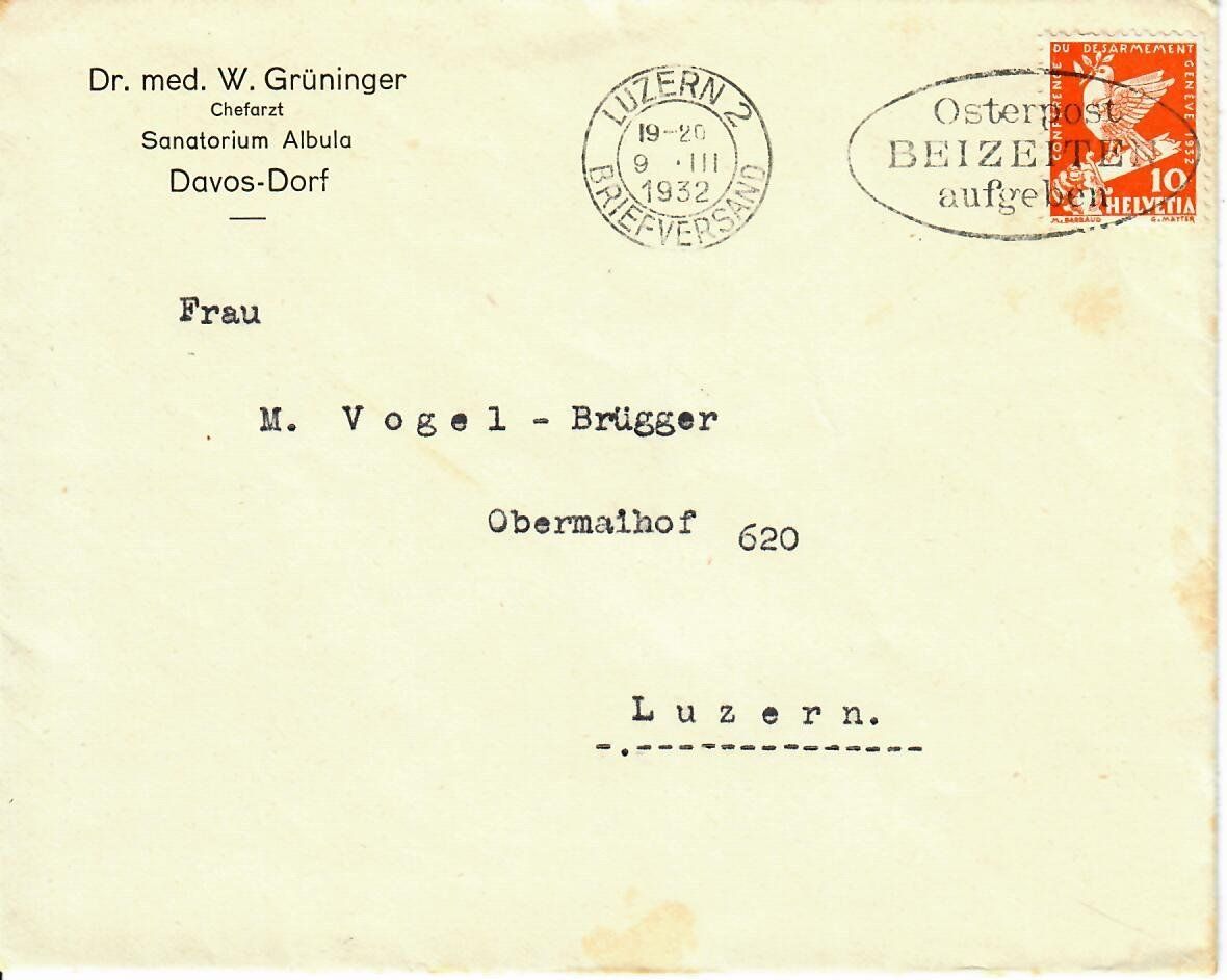 Alle Briefmarken: Brief, Sanatorium Albula Davos Dorf 1932 – Gebraucht aus Hochdorf von Ziegel-16