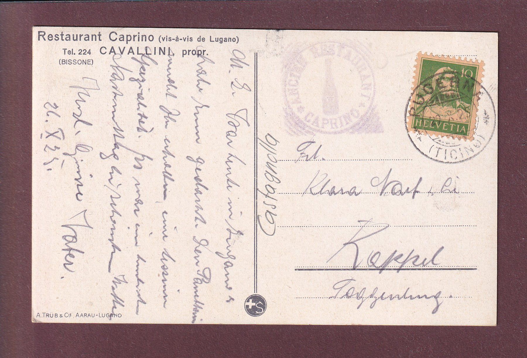 Ansichtskarten: Ristorante CAPRINO - 1925 – Gebraucht aus Pully von nicecards 1