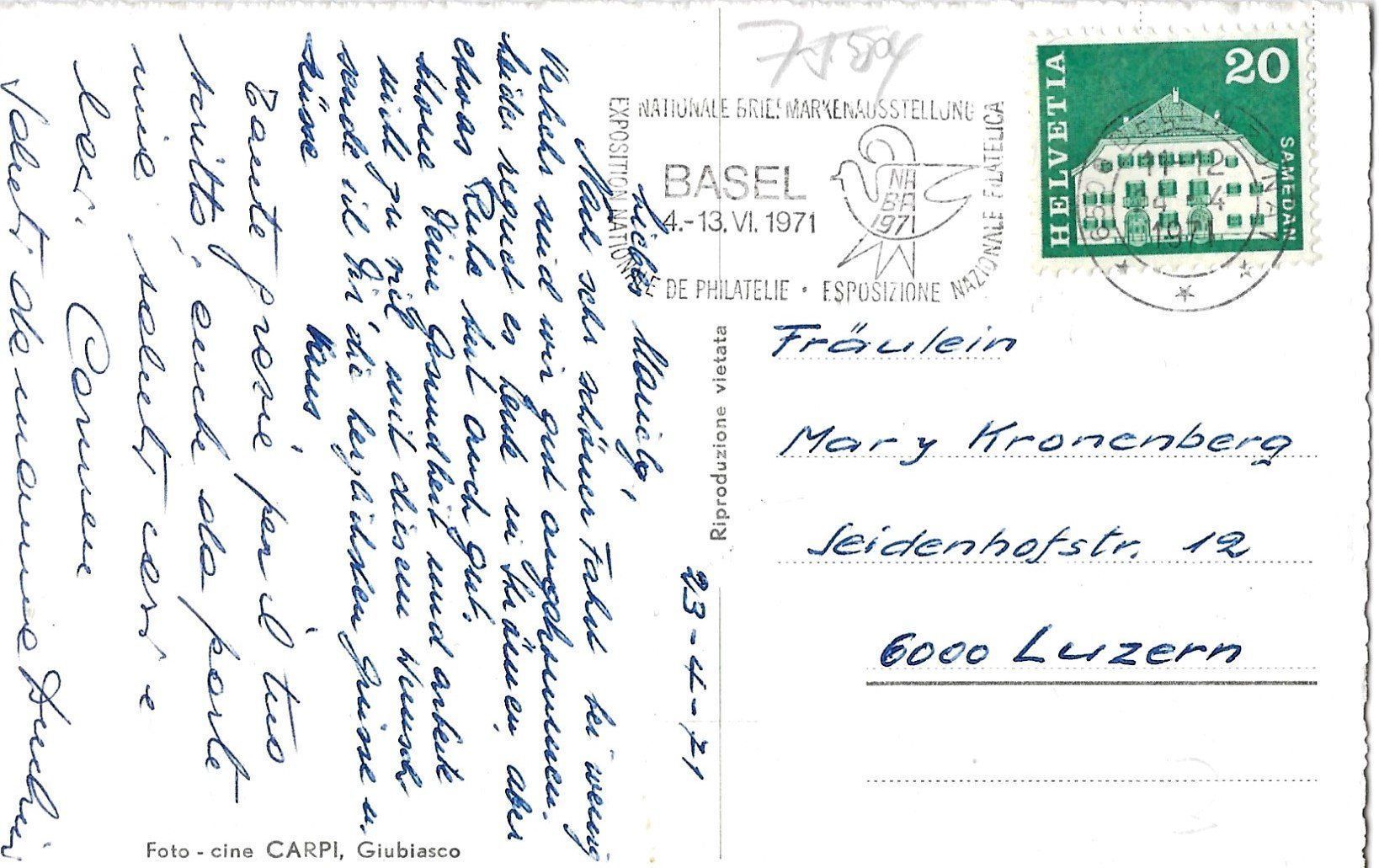 Cartoline postali: Giubiasco, 1971 – Usato da Frauenfeld venduto da Merk52 1