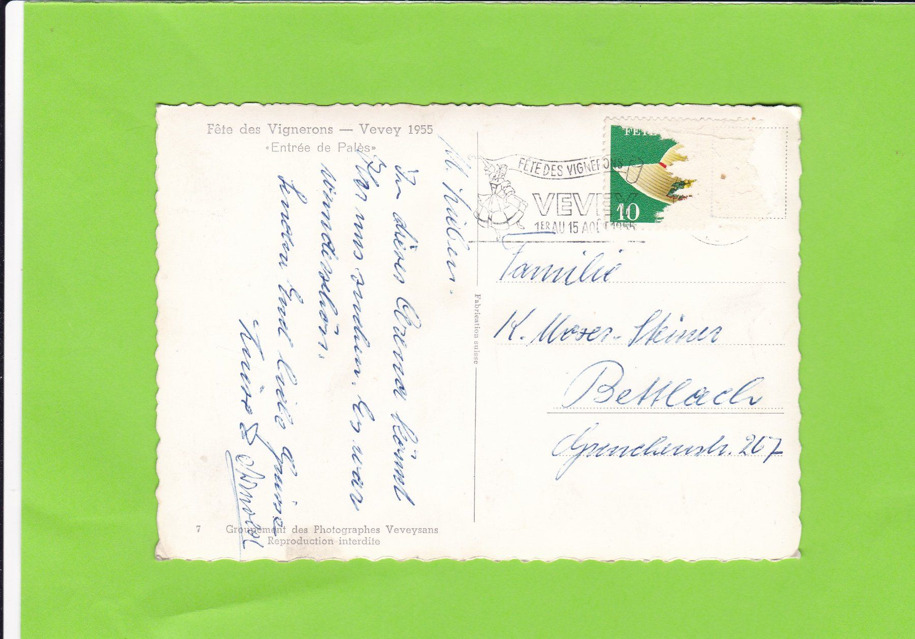 Cartoline postali: Fête des Vignerons-Vevey 1955 – Usato da St. Peterzell venduto da neckertal 1