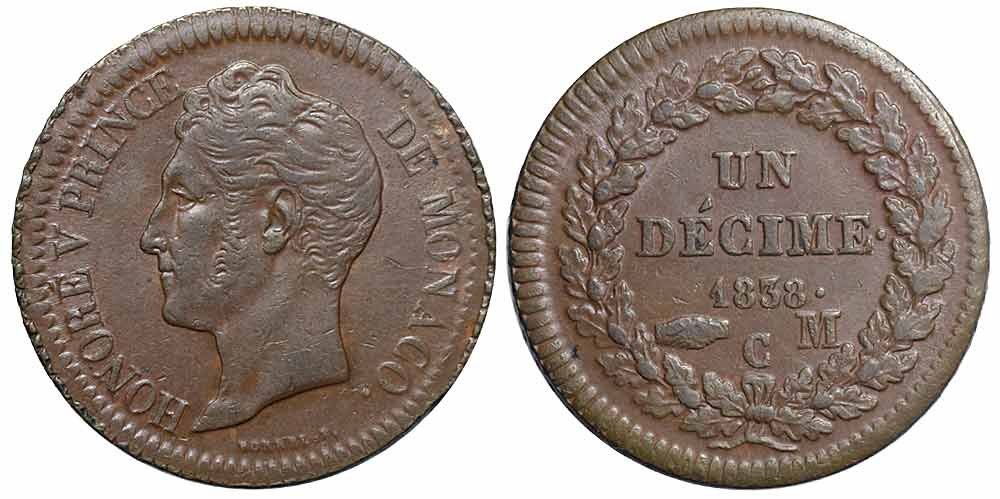 Tutti le monete: Monaco, Honoré V, Décime 1838 C (002) – Usato da Chiasso venduto da Novamarketing