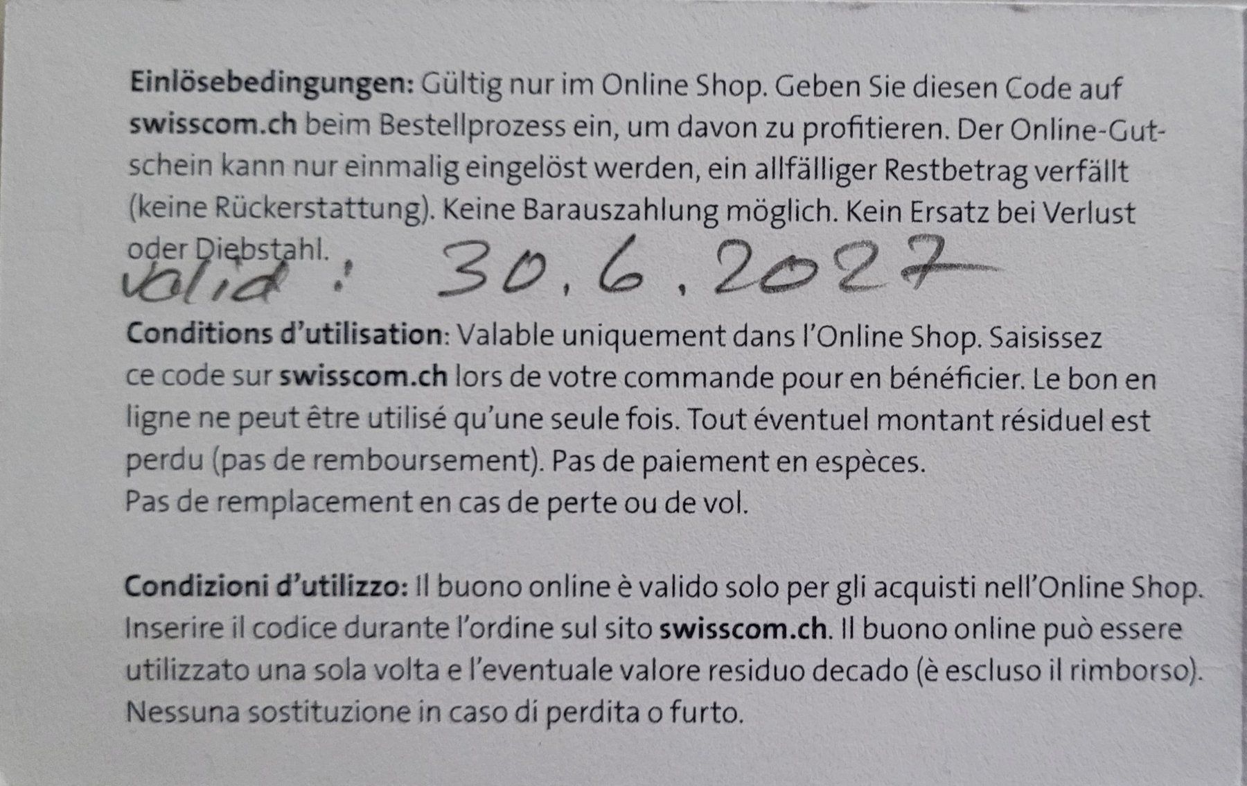 Swisscom Gutscheine: Swisscom 300 Fr Geschenkgutschein – Neu (gemäss Beschreibung) aus Elfingen von Alpha100 2