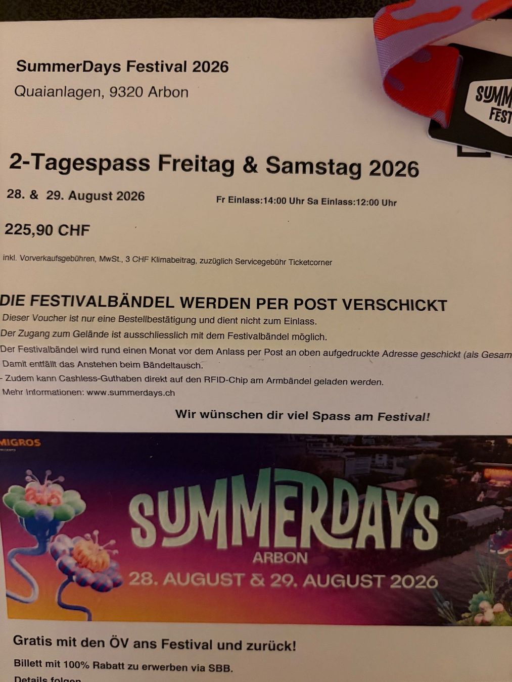 Billets: Summerdays Arbon 2-Tagespass – Neuf (Voir description) à Bazenheid par pes_6kms