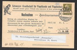 Postkarte Schweiz. Ges. Vogelschutz gest. Basel 21.12.1917