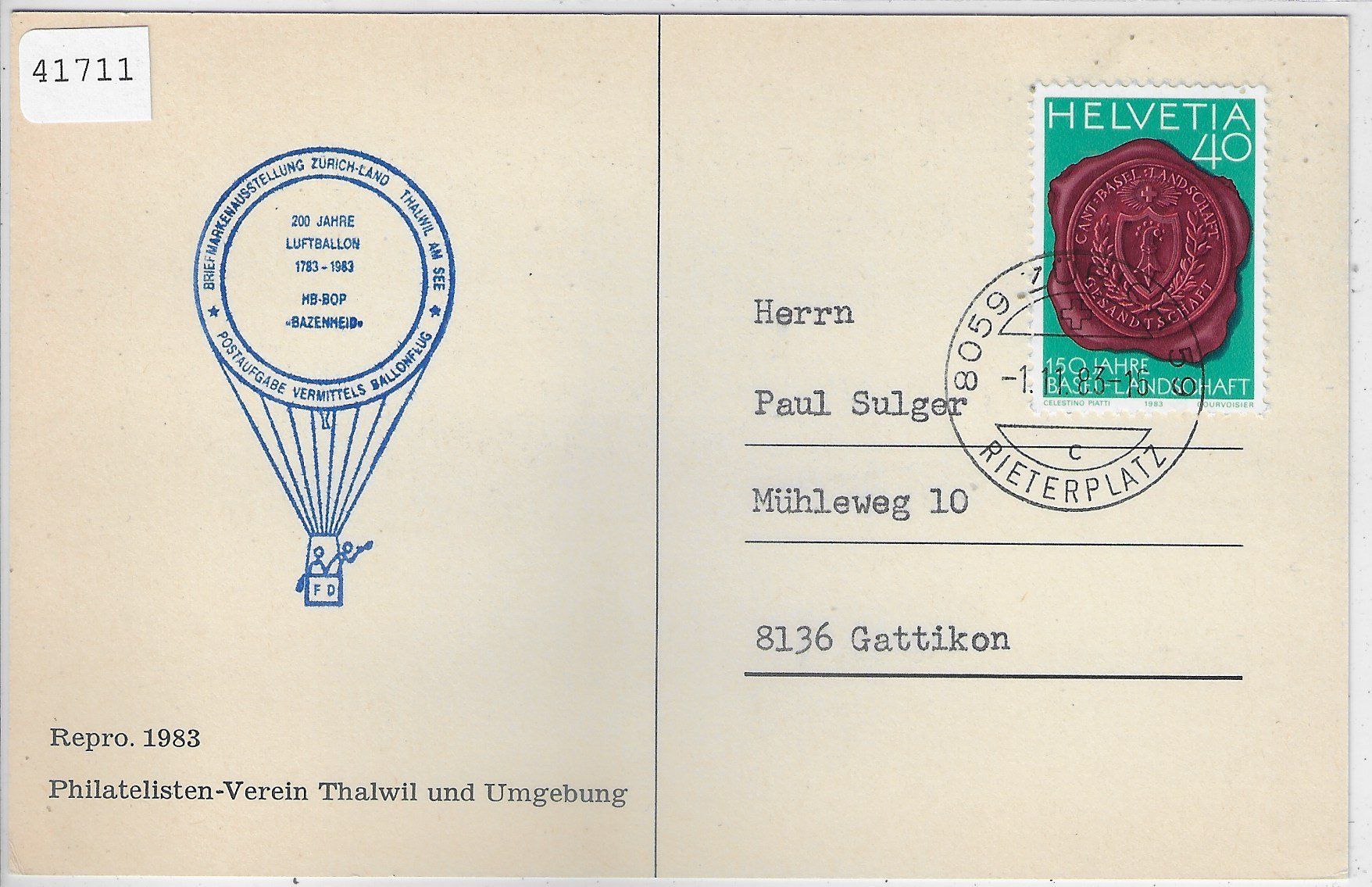 Tutti i francobolli: 200 Jahre Luftballon MB-BOP Bazenheid – Usato da Ettingen venduto da Kartenplanet