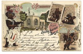 Gruss aus dem Zoolog. Garten in Basel - Bärenkarte - Litho