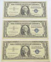 3 schöne USA 1 Dollar Silver Cert. Banknoten 1957 fortl. Nr.