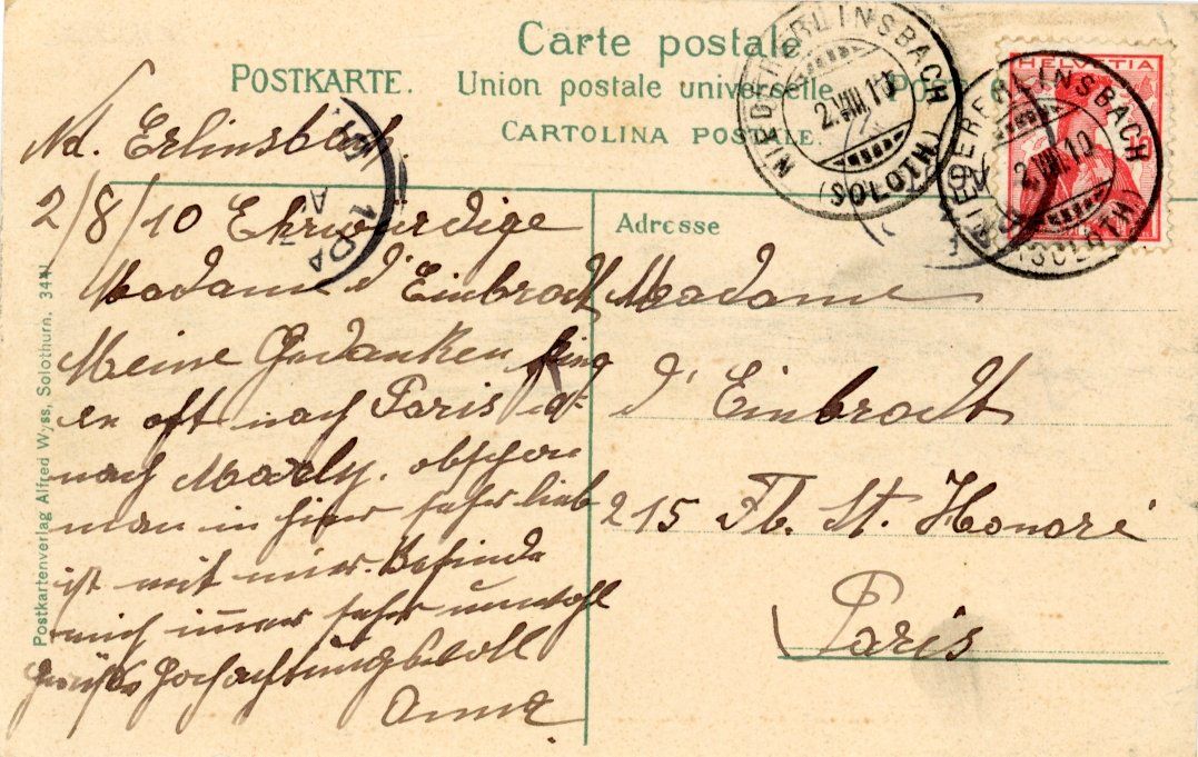 Ansichtskarten: Niedererlinsbach   SO          um 1910 – Gebraucht aus Brig von Valcards54 2