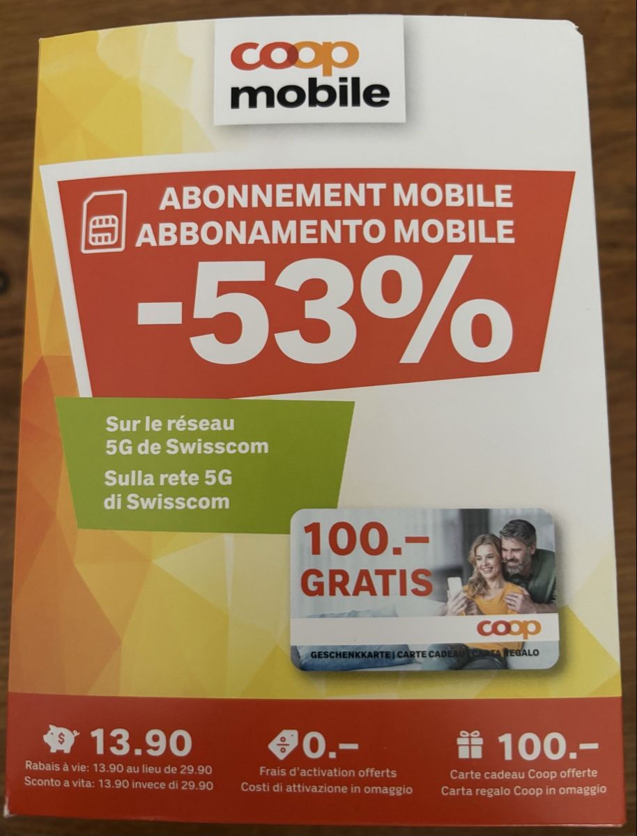 Buoni: Abo Coop Mobile Basic -53% + carte cadeau 100.- Coop – Nuovo e nell'imballaggio originale da Cudrefin venduto da sdz_trl6