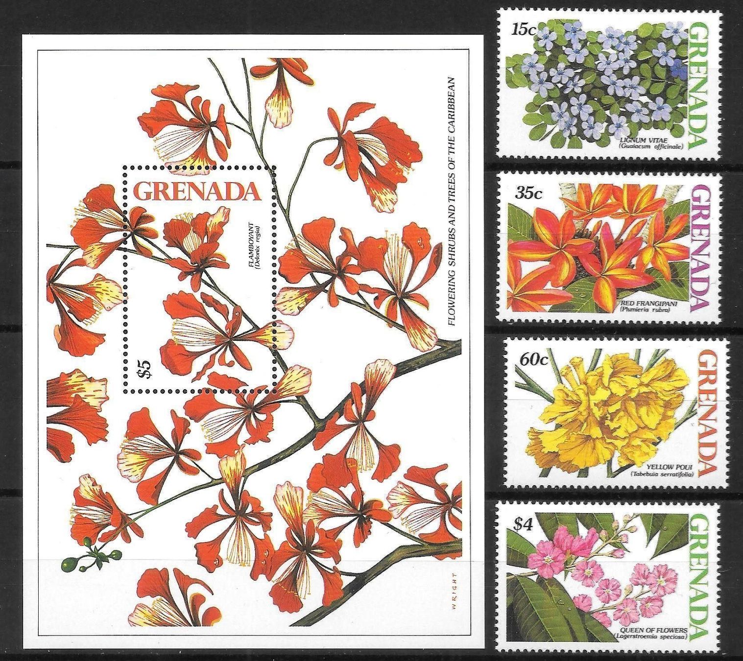Tutti i francobolli: Grenada 4 Werte + Block Blumen ** 30.9.1988 – Nuovo (secondo la descrizione) da Olten venduto da clotaldi