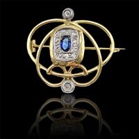 Alte Art-Deco-Brosche in Gold mit Saphir und Diamanten