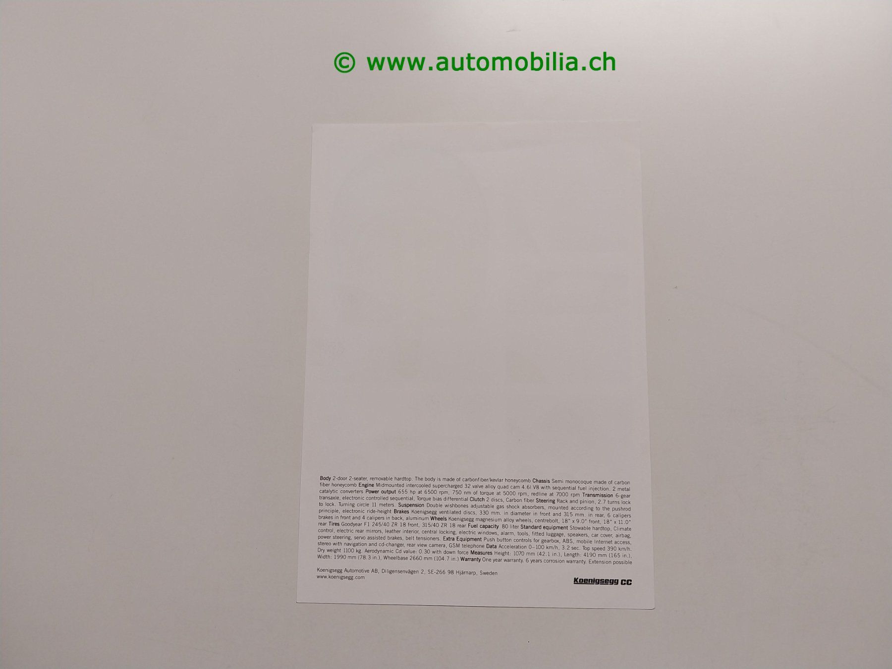 Dokumente: Koenigsegg CC Prospekt englisch – Gebraucht aus Weingarten-Kalth von Bettelbruenneli 1