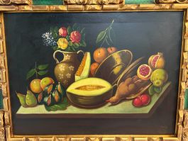 98x77/ R. Navas/ Ölgemälde Stillleben Früchte Blumen Vogel