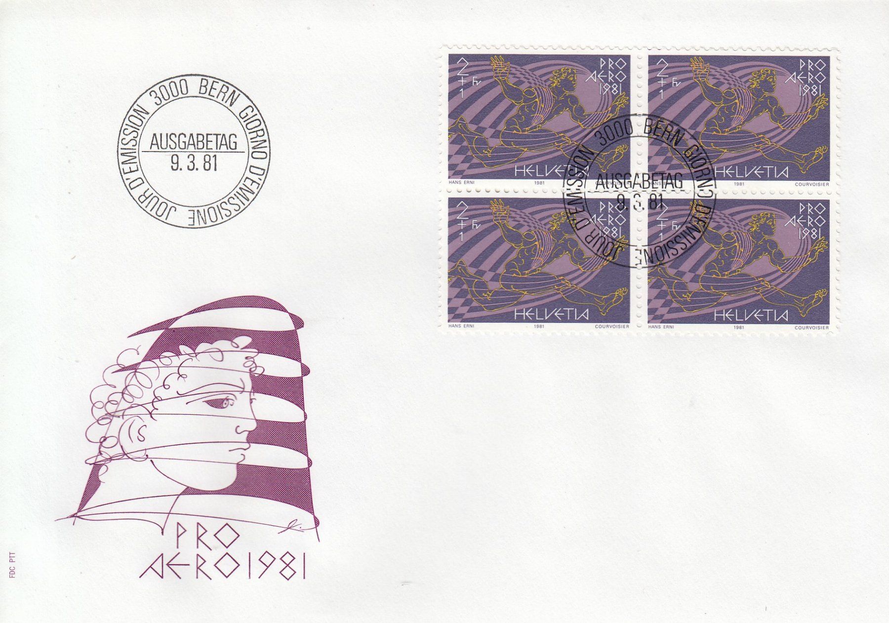 Tutti i francobolli: F48 Flugpost-FDC vom 9.3.1981 mit Viererblock – Usato da Spreitenbach venduto da Lienbi01