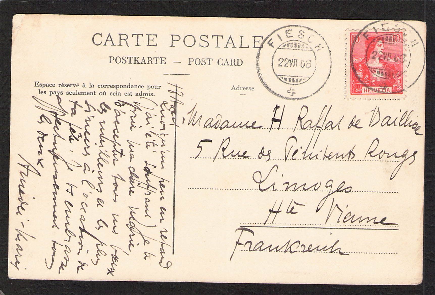Ansichtskarten: Fiesch VS , Hôtel du Glacier et Poste , gel. 1908 – Gebraucht aus Reichenburg von Pipo-67 1