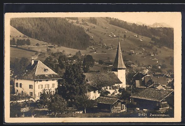 Cartoline postali: AK Zweisimmen, Ortspartie mit Kirche – Usato da Berlin venduto da bartko-reher